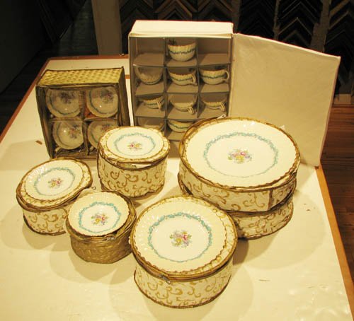 80 pc Minton Ardmore Porcelain Table Setting: Title: 80 pc Minton Ardmore Porcelain Table Setting pattern #S363, gold gilding with turquoise leaves on ivory and white base including 16 dinner plates, 12 salad plates, 14 bread plates, 8 chocolates