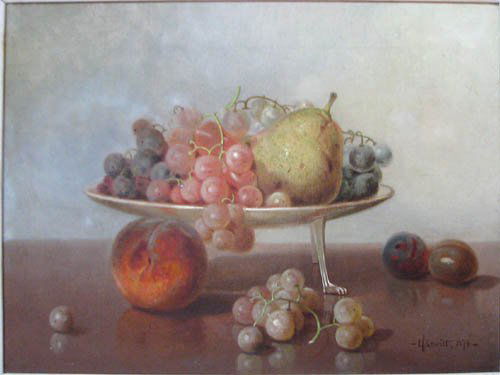 Edward Leavitt Still Life with Fruit on Compote: Artist: Leavitt, Edward Chalmers (American 1842-1904) Title: Still Life with Fruit Date: 1876 Medium: oil on canvas relined Dimensions: 12 x 16 inches inches Signature: signed lower right