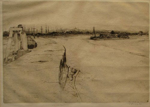 Sir Frank Short etching "Low Tide": Artist: Short, Sir Frank, R.A., P.R.E. (British 1857-1945) Title: Low Tide Date: 1888 Medium: etching and drypoint Dimensions: 7.25 x 10.2 inches Edition Number: a fine impression on laid