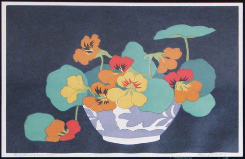 Hall Thorpe color woodcut Nasturtiums: Artist: Thorpe, John Hall (Australian/British 1874-1947) Title: Nasturtiums Date: 1922 Medium: color woodcut Dimensions: 9 x 11.5 inches Edition Number: not stated Description: