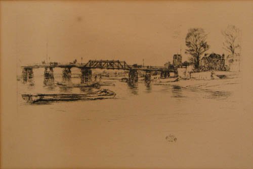 Whistler Etching "Thames at Low Tide": Artist: Whistler, James Abbott McNeill (American 1834-1903) Title: Thames at Low Tide Medium: engraving or etching Dimensions: 5" x 7 ¾ inches Signature: signed with butterfly monogram in plate <
