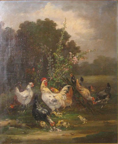 Gustave Guillaumet ptg. The Cock and His Family : Guillaumet, Gustave-Achille (French 1840-1887) The Cock and His Family oil on canvas 21.75 x 18 inches signed Guillaumet lower left Victorian gold compo frame with wheat and vine decoration measuring 