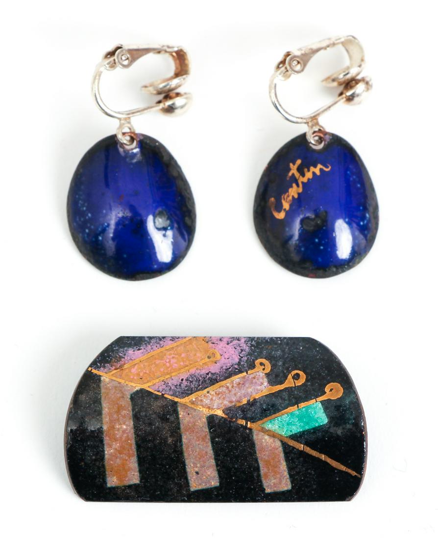 Lucille Cantini enamel on metal jewelry: Cantini, Lucille (American, 1921 - 2008), Earrings and Pin, enamel on metal, both signed Cantini, pin 1.5 x .8 inches, earrings 1.25 inches drop including clasp,