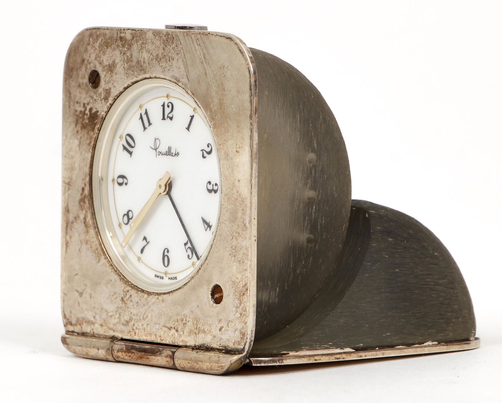 Pomellato Sterling Swiss Made Travel Clock: Pomellato Sterling silver Swiss Made Travel Clock, opaque body with sterling interior, watch face 1 inch diameter, currently not in working order.