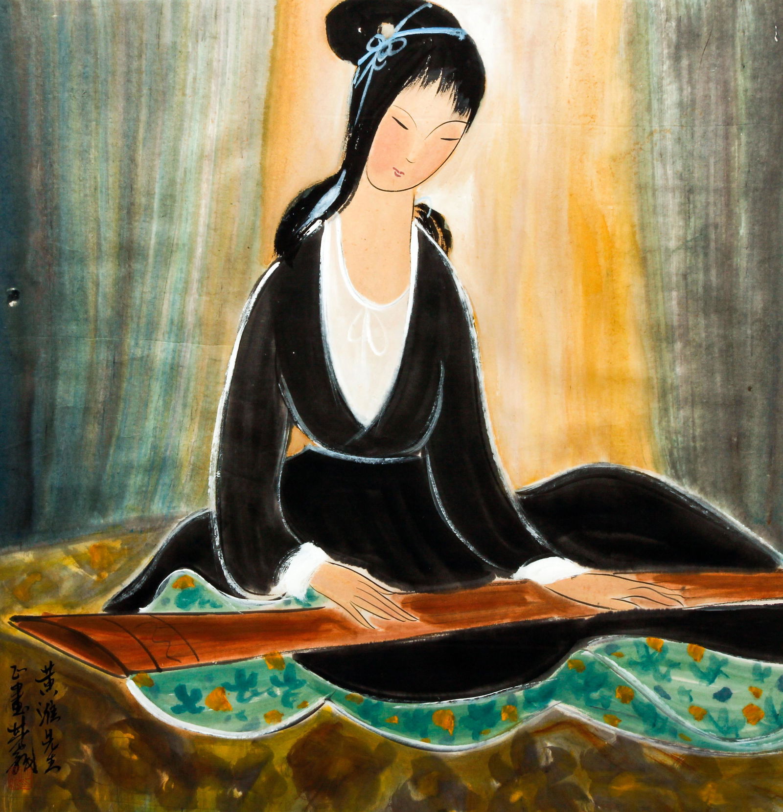 20th C. Chinese School Woman Playing Zither (1 of 3)