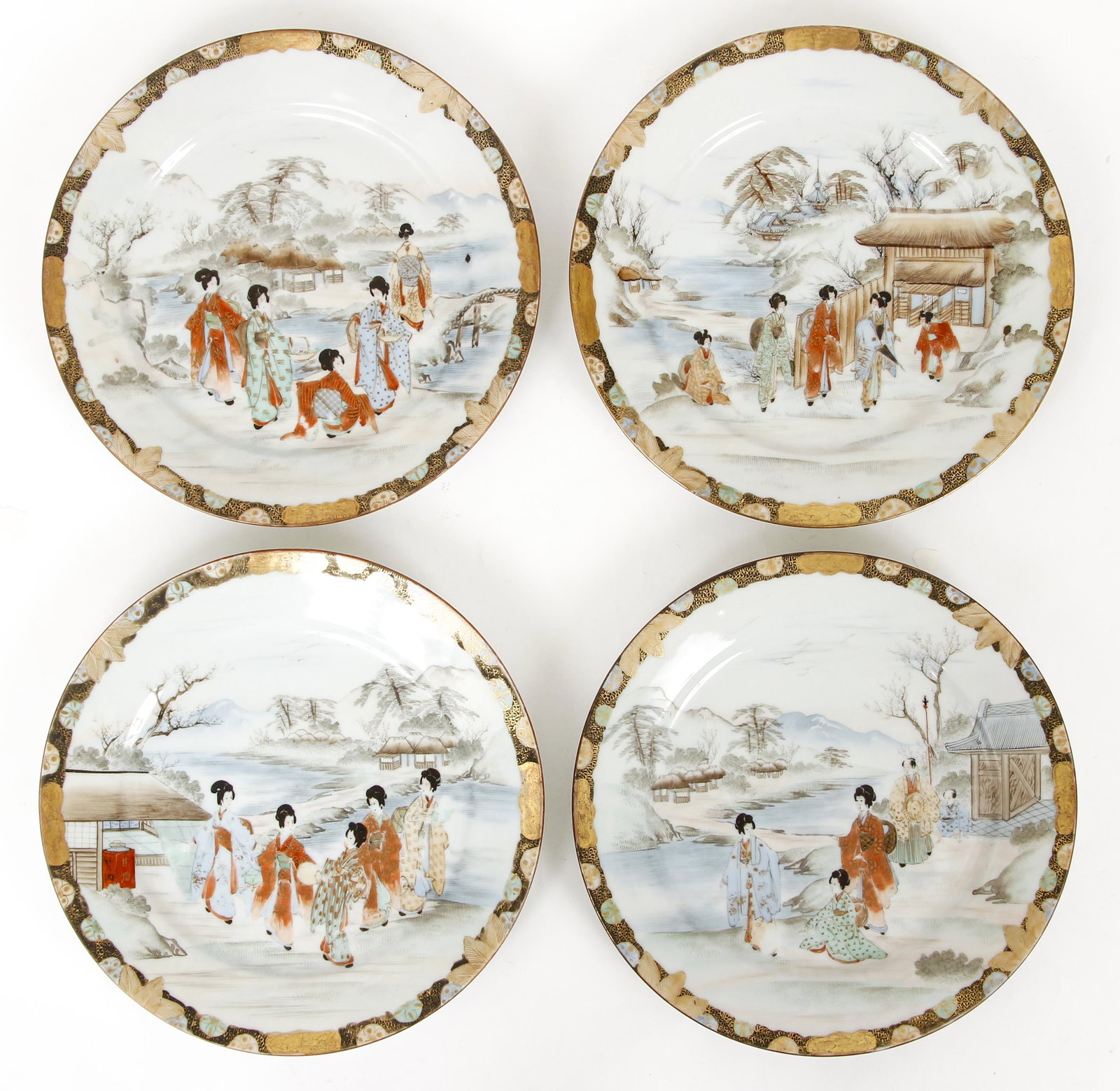 Four Painted Japanese Plates: Four painted Japanese plates with lifestyle and nature scenes, each with red Japanese marking or signature on the underside, each measures 9.25 in diameter.
