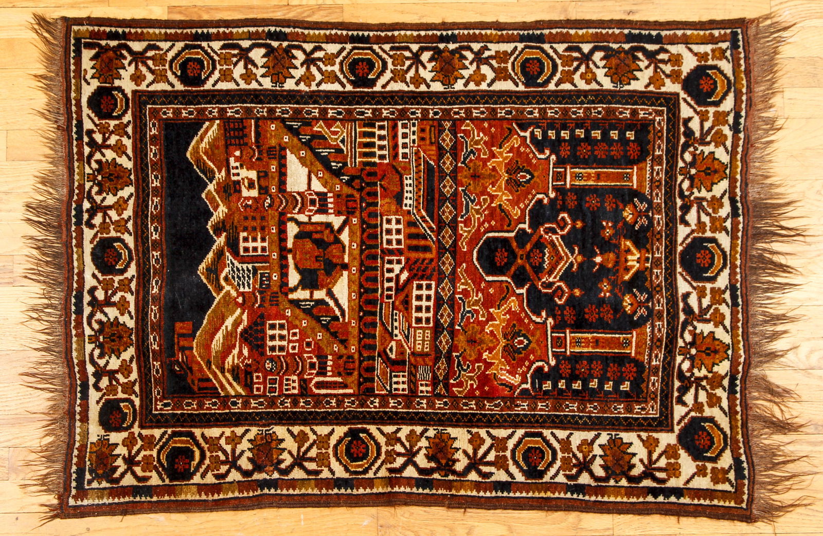 Vintage Pakistani Wool Rug Village Scene c.1970s (1 of 3)