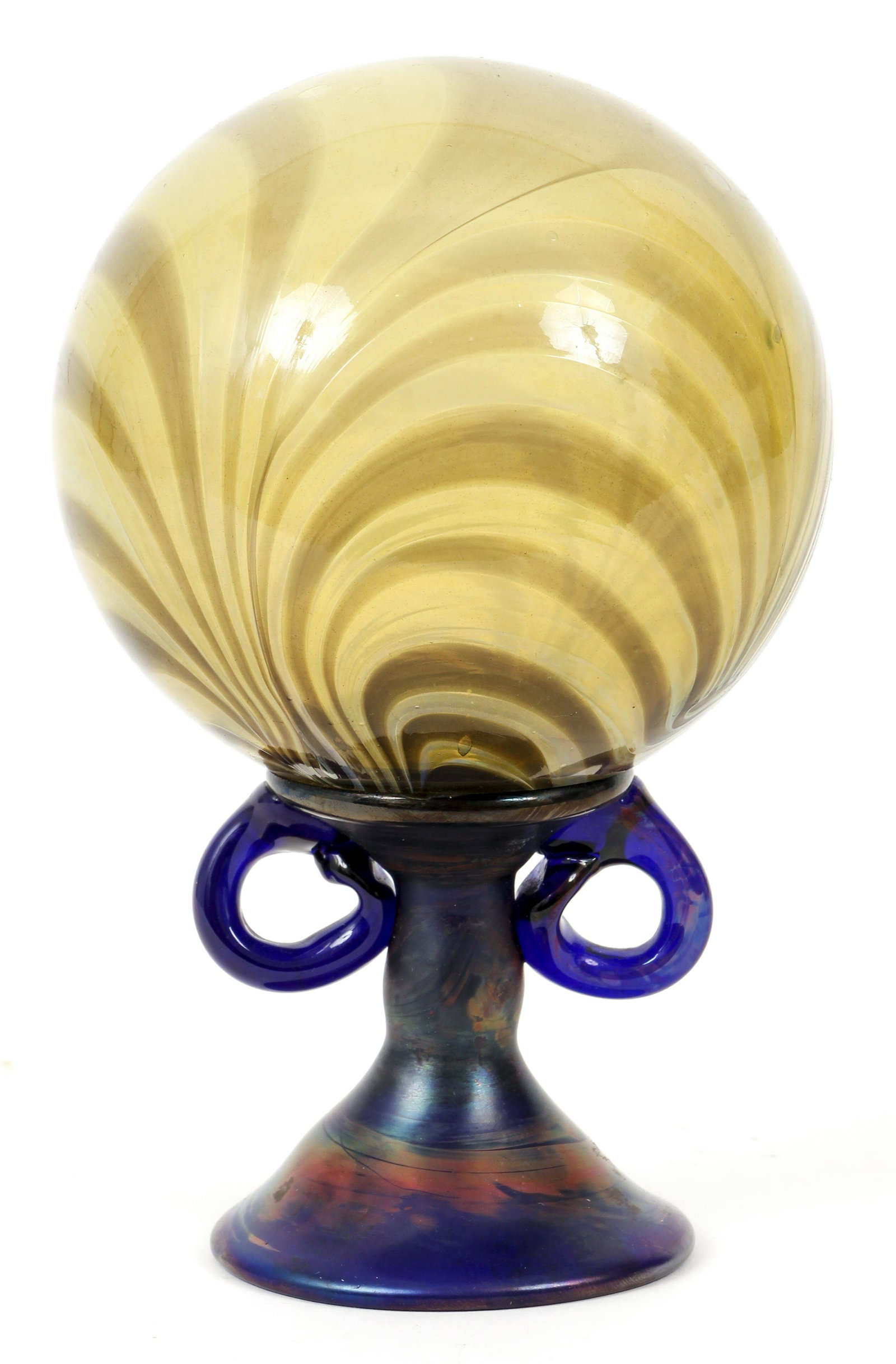 Blown Glass Orb on Iridescent Vase: Blown Glass Orb on Iridescent Vase, early to mid 20th century, 7 inches tall.