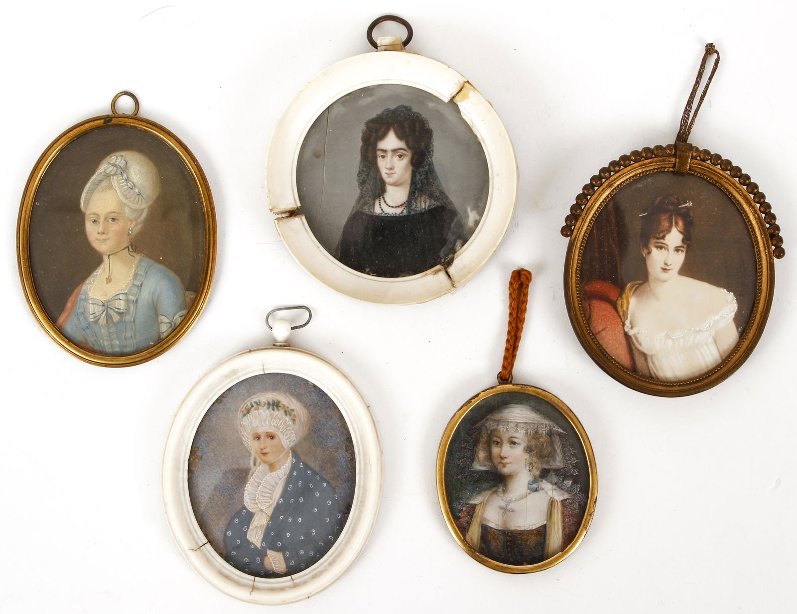 Five Antique European Portrait Miniatures Oval Frames (1 of 6)