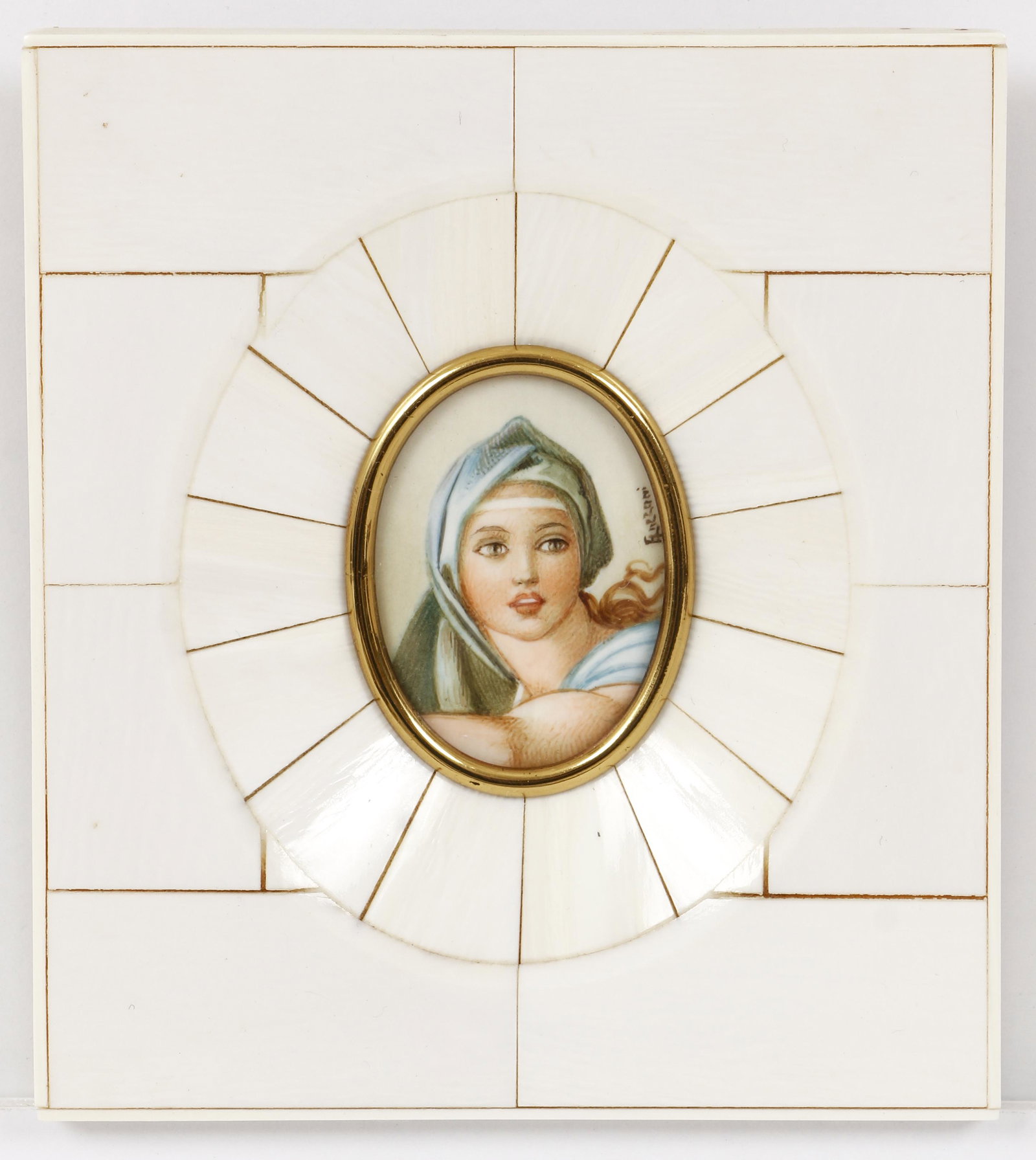 Hand Painted Portrait Miniature: Hand-painted portrait miniature of female in bone frame (includes tag purchased at The Vatican in May 1976), illegibly signed lower right, measures 4 x 3.5 inches.
