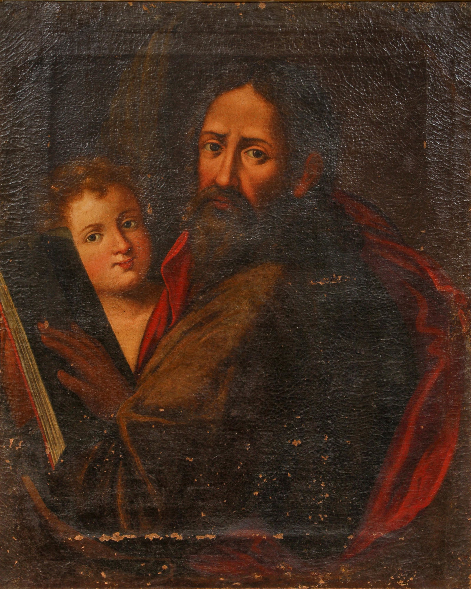 Early 19th century Oil Painting Saint with Angel: 19th century European School, Portrait of a Saint with Angel, c. early 19th century, oil on linen canvas, unsigned, 28 x 23 inches, in a painted wooden frame 31 x 26 inches.