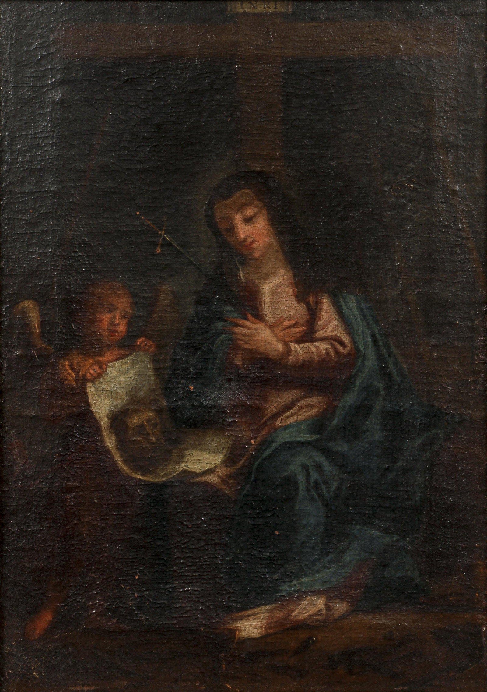 19th Century Oil on Canvas with Shroud of Christ: 19th century European School, oil on canvas religious painting depicting Mary with cherub holding shroud of Christ, unsigned, 11.5 x 8 inches in a gold-painted frame measuring 16 x 12.75 inches.
