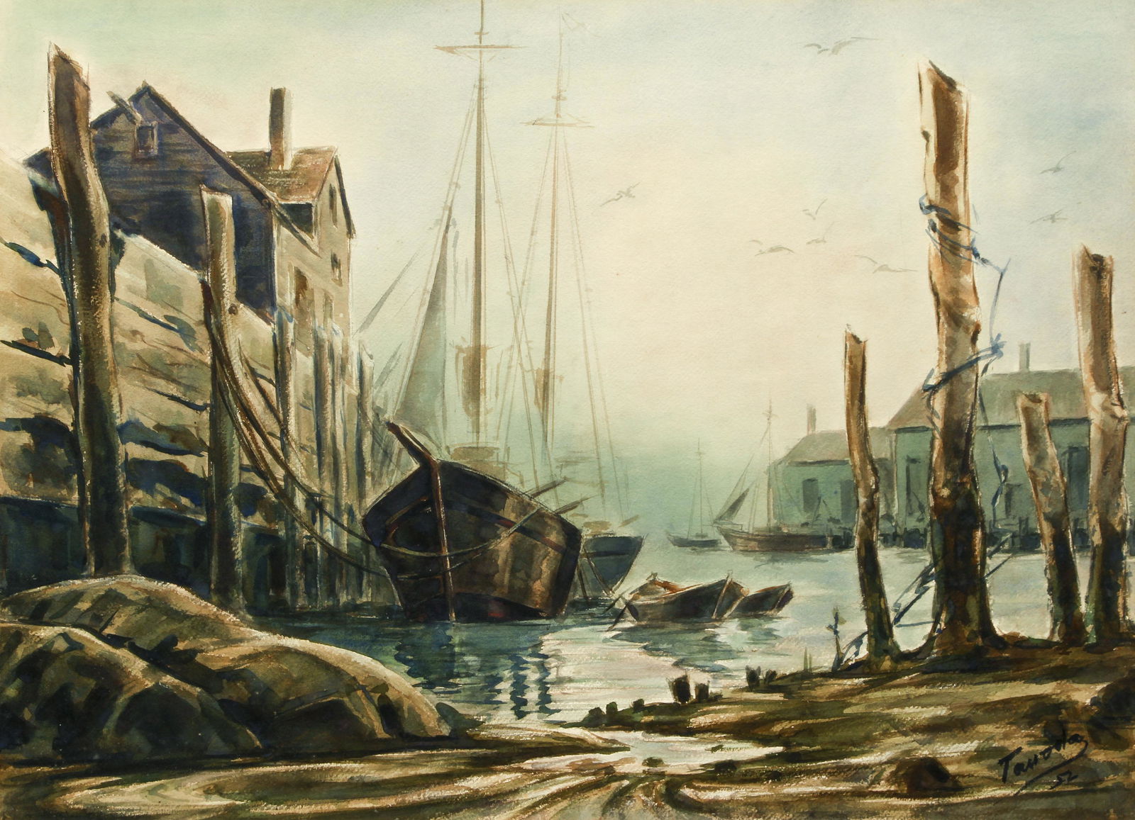 Mid Century American Watercolor Harbor 1952 (1 of 4)