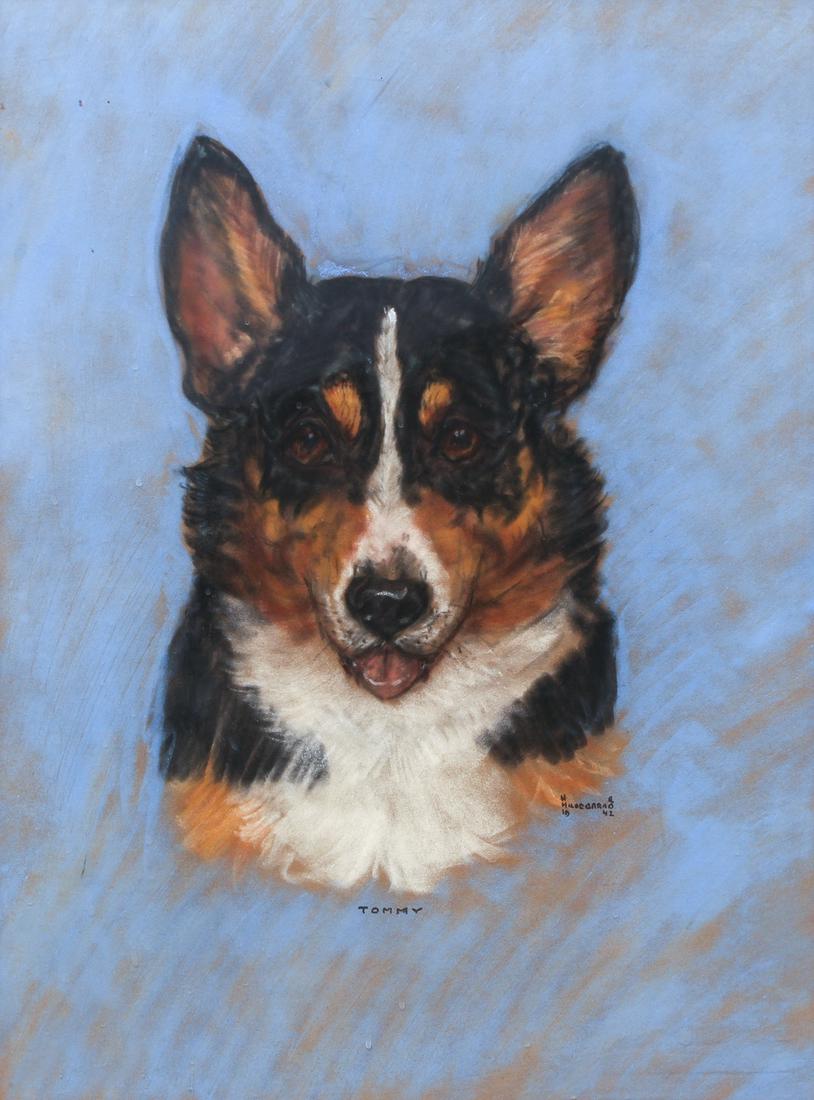 Pastel Dog Portrait 1942: Pastel Dog Portrait, titled 'Tommy' dated 1942, artist unknown, 25.75" x 19.5" in an orange-brown frame.