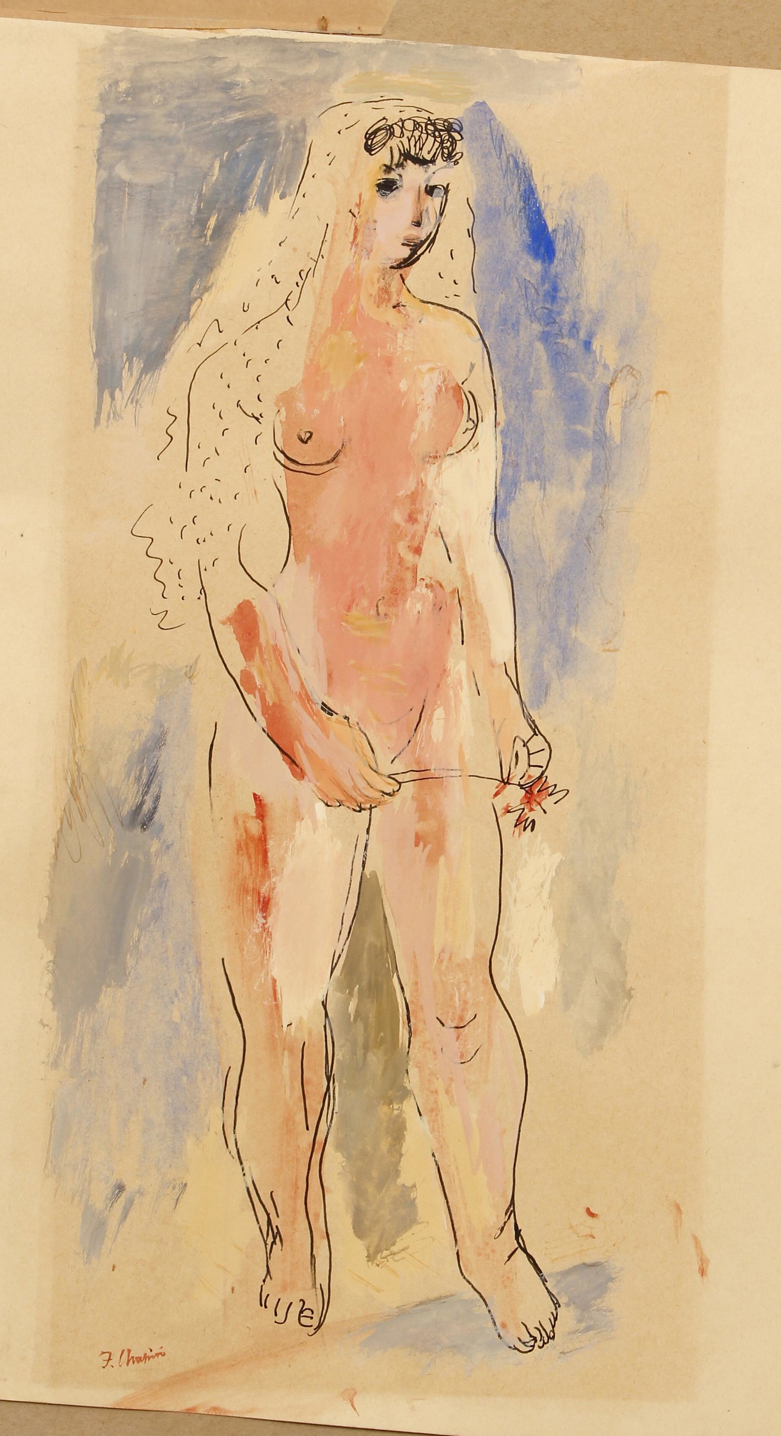 Francis Chapin Standing Nude with Veil Gouache and Ink: Chapin, Francis (American, 1899-1965), Standing Nude with Veil, circa 1930s-1940s, gouache and ink on Keuffel & Esser Greta paper with blindstamp lower left, signed lower left, pencil-labeled "no 1" l