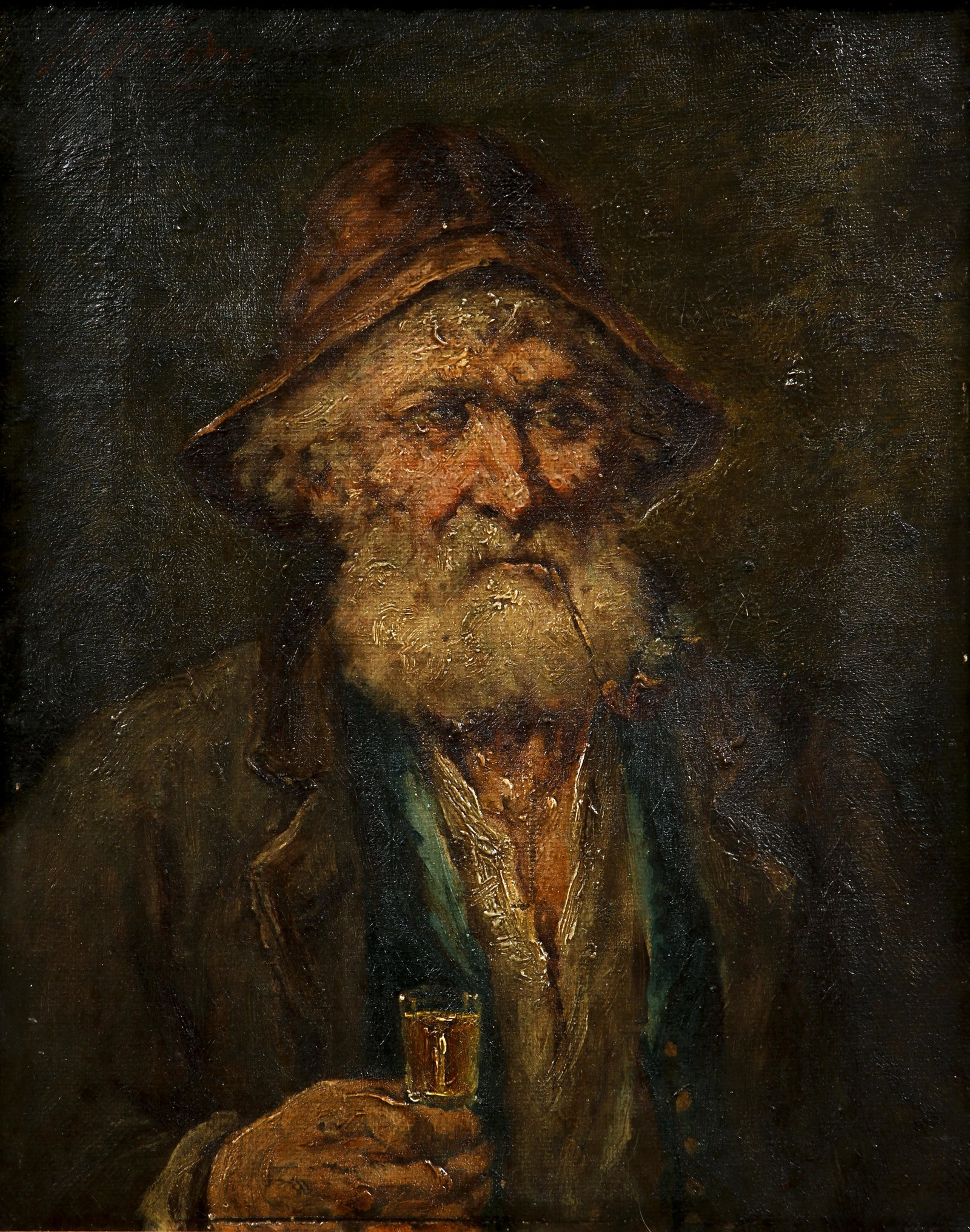 European Fuchs Man with Tumbler Oil Painting: Fuchs, (Possibly German or Austrian), Man with Tumbler, early 20th century, oil on canvas, signed upper left in red oil paint, 10 x 8 inches in a gold-painted wooden frame 13 x 11 inches.
