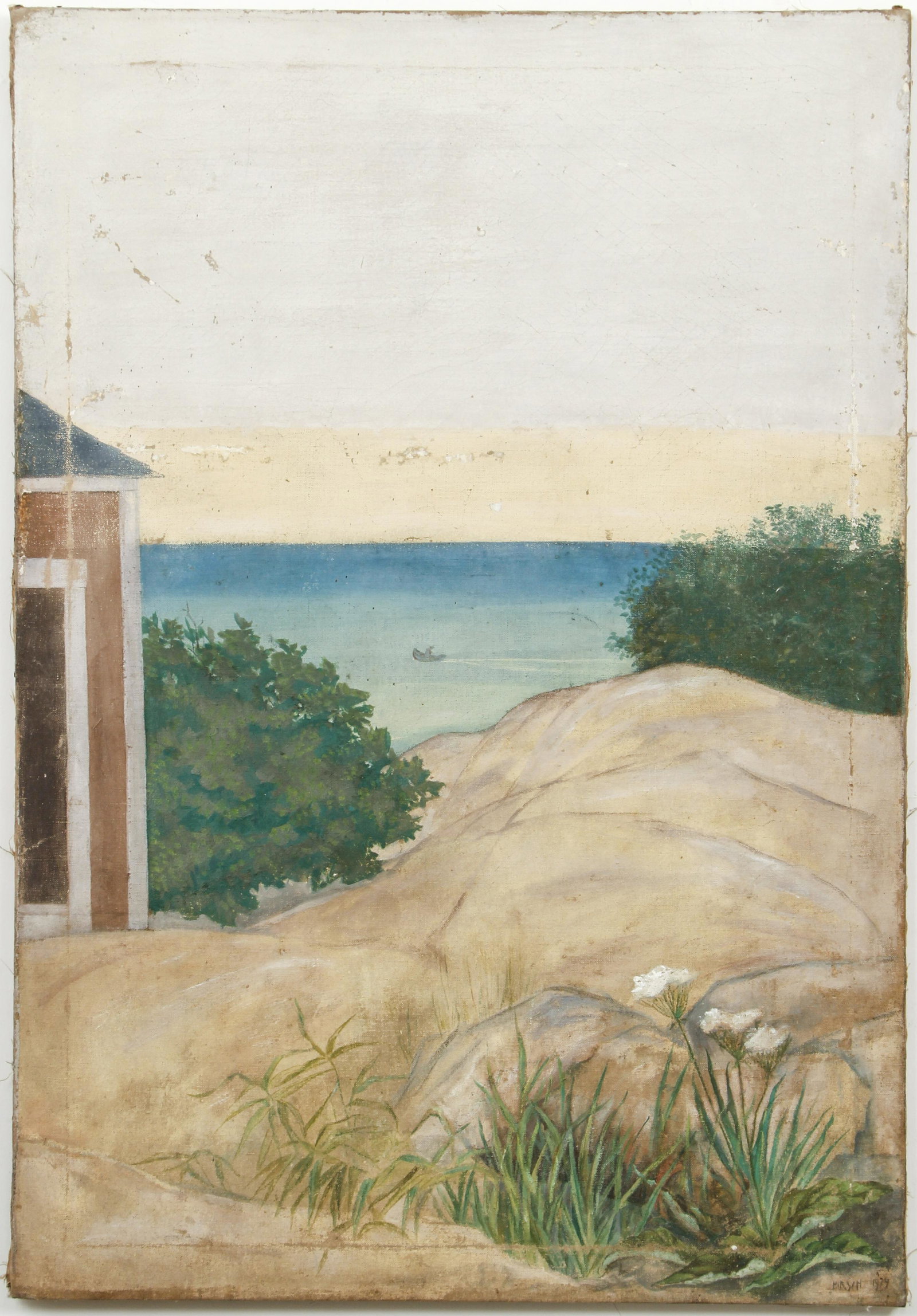 Oil on Canvas Beach Scene signed Hirsch American: Hirsch (20th century American), Untitled Beach Scene with Man in Boat, 1924 or 1929, oil on canvas, signed and dated lower right, 36 x 25 inches, unframed. Provenance: Estate of Susan Parrish; Skinner