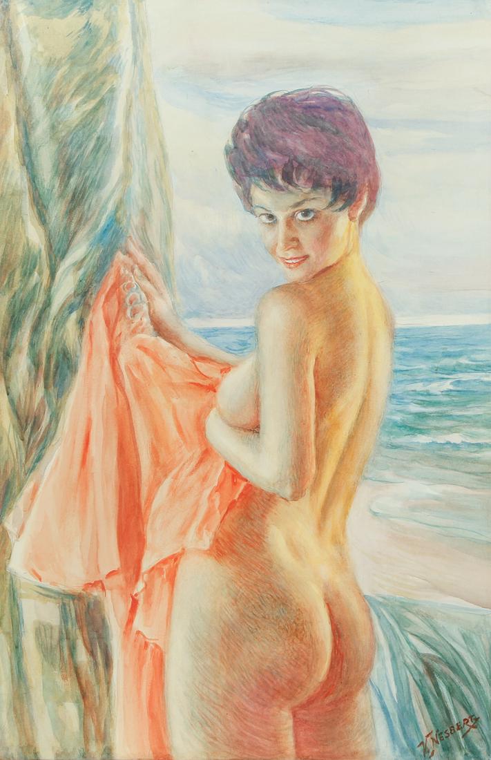 Vincent Nesbert color pencil and WC Nude by the Ocean: Nesbert, Vincent (Polish/American, 1898-1976), Nude by The Ocean, color pencil and watercolor, 29.5 x 19.5 inches, signed lower right corner, Provenance: J. J. Gillespie Gallery, Pittsburgh, Pa. frame