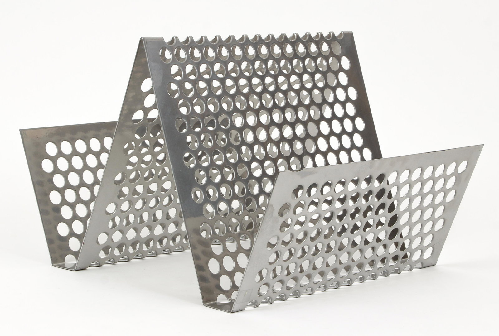 Perforated Stainless Magazine Rack: Perforated Stainless Magazine Rack, unmarked, contemporary, 12 x 16 x 18 inches.