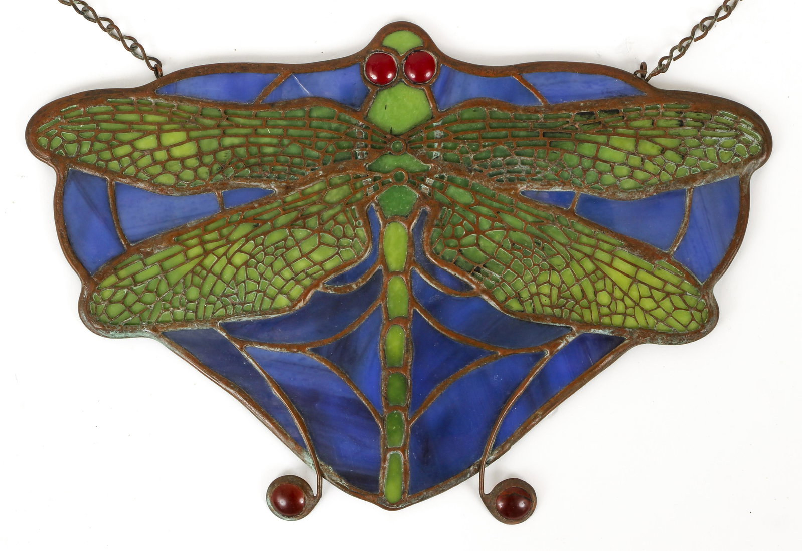 Ken Phillips Studio Stained Glass Dragonfly: Ken Phillips Studio Stained Glass Dragonfly, unmarked, with original chain, 6.5 x 10 inches (not including chain),