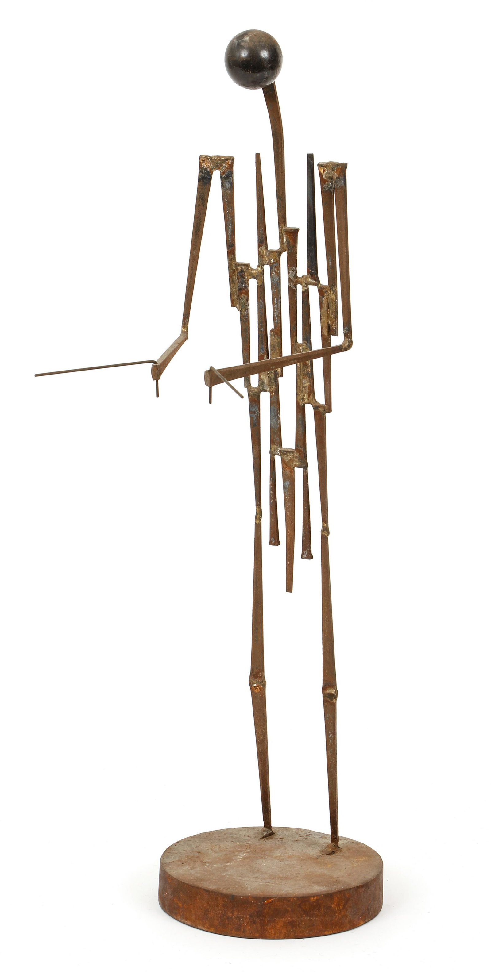 Dowsing Man Contemporary Sculpture: 20th Century Metal Sculpture, Man Dowsing, circa 1970, steel and welded brass nails, 20.5 inches tall.