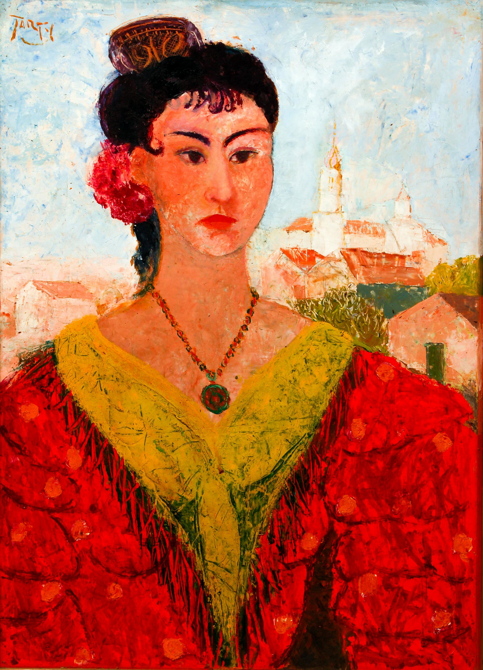 Vicente Clavo Gil oil on board Gypsy Woman: Clavo Gil, Vincente (Spanish 1923 - 1993), Gypsy Woman, circa 1950, oil and mixed media on paper laid on board, 28.63" x 20.75" (72.72cm x 52.71cm), signed upper left corner, Provenance: Hanley Collec