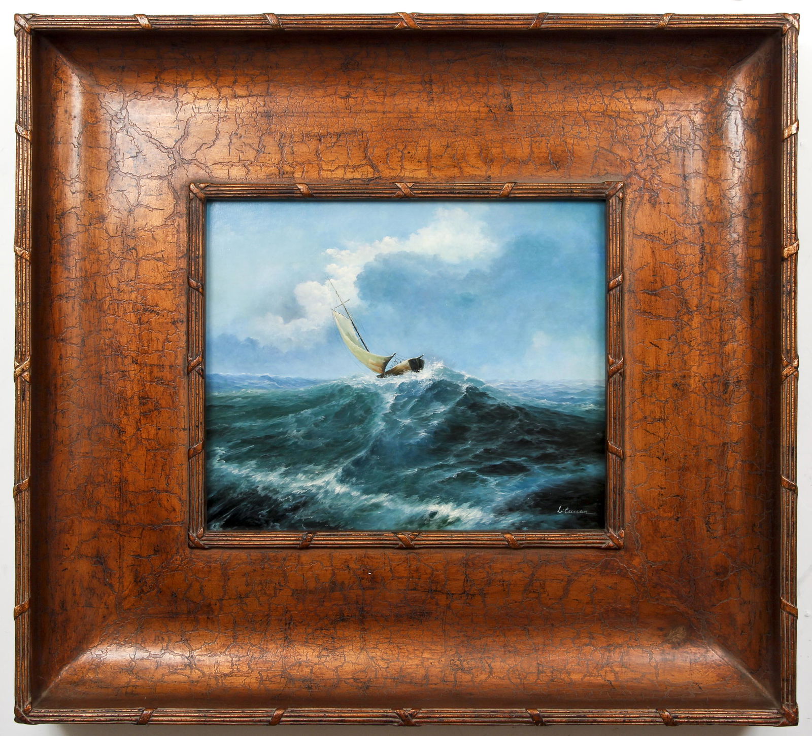 L Curran Oil Ptg of Sailboat in Large Decorative Frame (1 of 2)