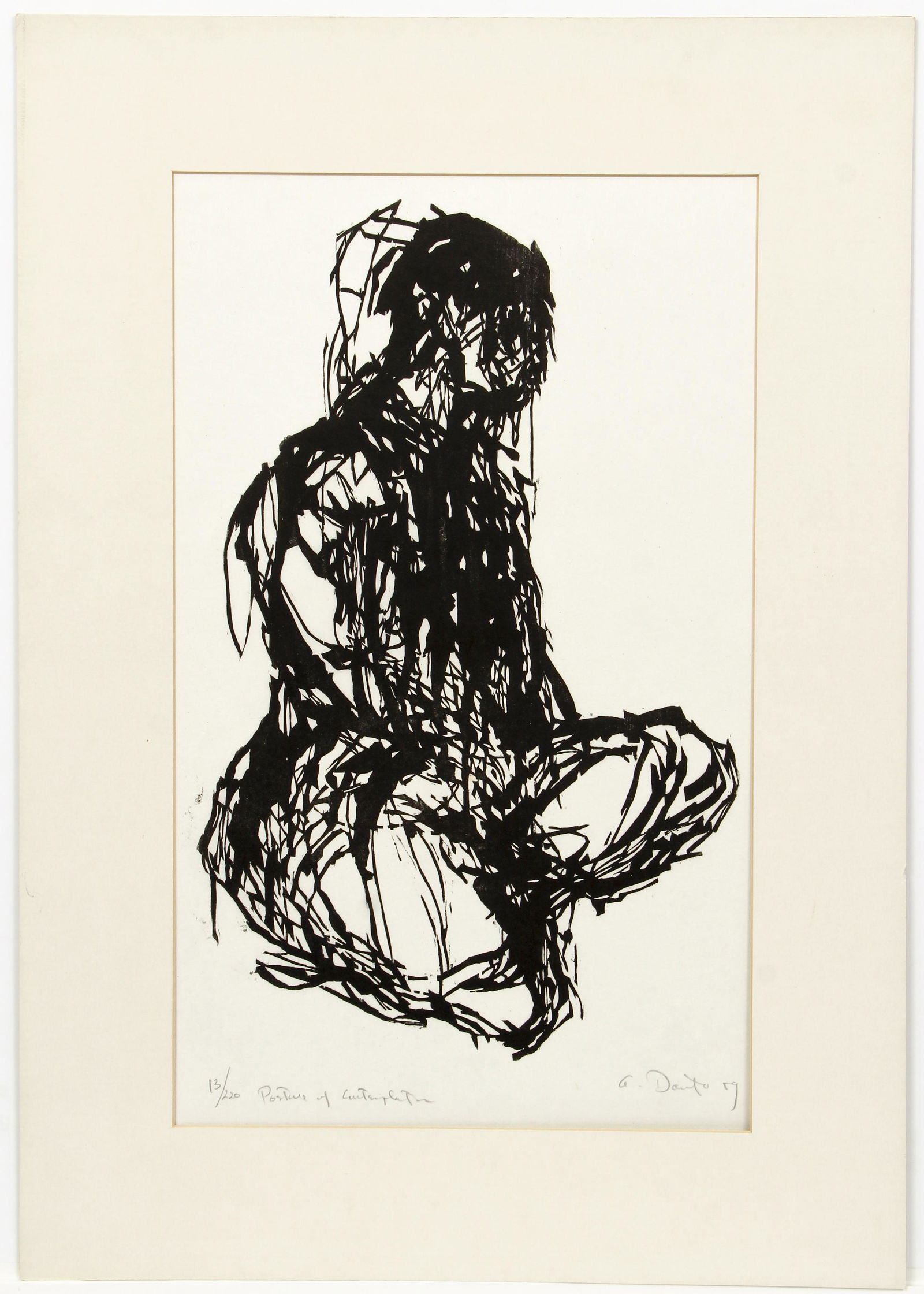 Arthur Danto Posture of Contemplation Signed Woodcut: Danto, Arthur (American, 1924-2013), Posture of Contemplation, 1959, woodcut on paper, signed, titled, dated and numbered 13/220 in pencil at bottom, full sheet 23 x 16 inches, matted but not framed.