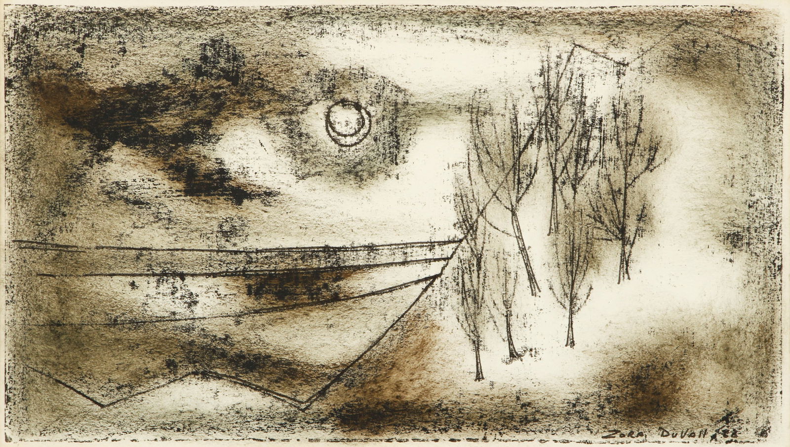 Zora Duvall 1983 Abstract Etching: Duvall, Zora (Czech/American, b.1927), Abstract with Moon, 1983, etching on paper, signed and dated in plate lower right, image 5.75 x 10.25 inches, matted and framed 13 x 16.75 inches.