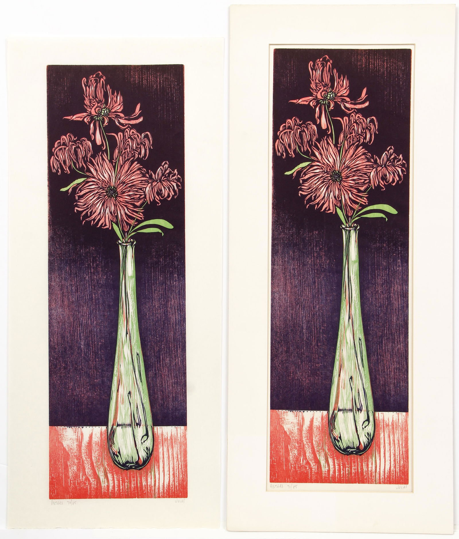 Pair Mervin Jules Asters Color Woodcut Signed AAA (1 of 8)