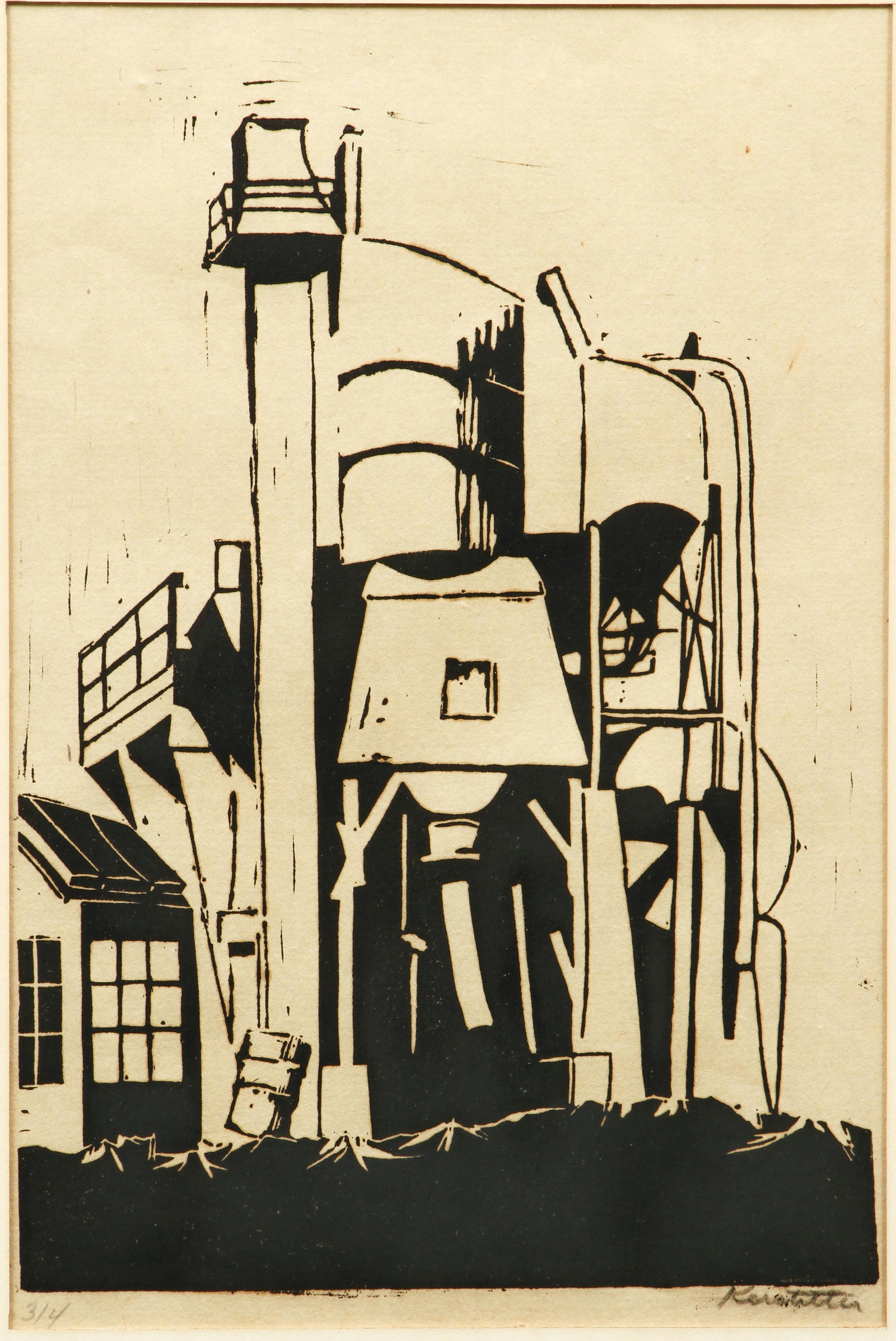 Barbara Kerstetter woodcut Sardis Coal Plant: Kerstetter, Barbara (Contemporary American), Coal Plant, Sardis Plant, woodcut, 11 x 7.75 inches, pencil signed and numbered 3/4, framed measuring 17.5 x 13.5 inches , Provenance: The Estate of Charle
