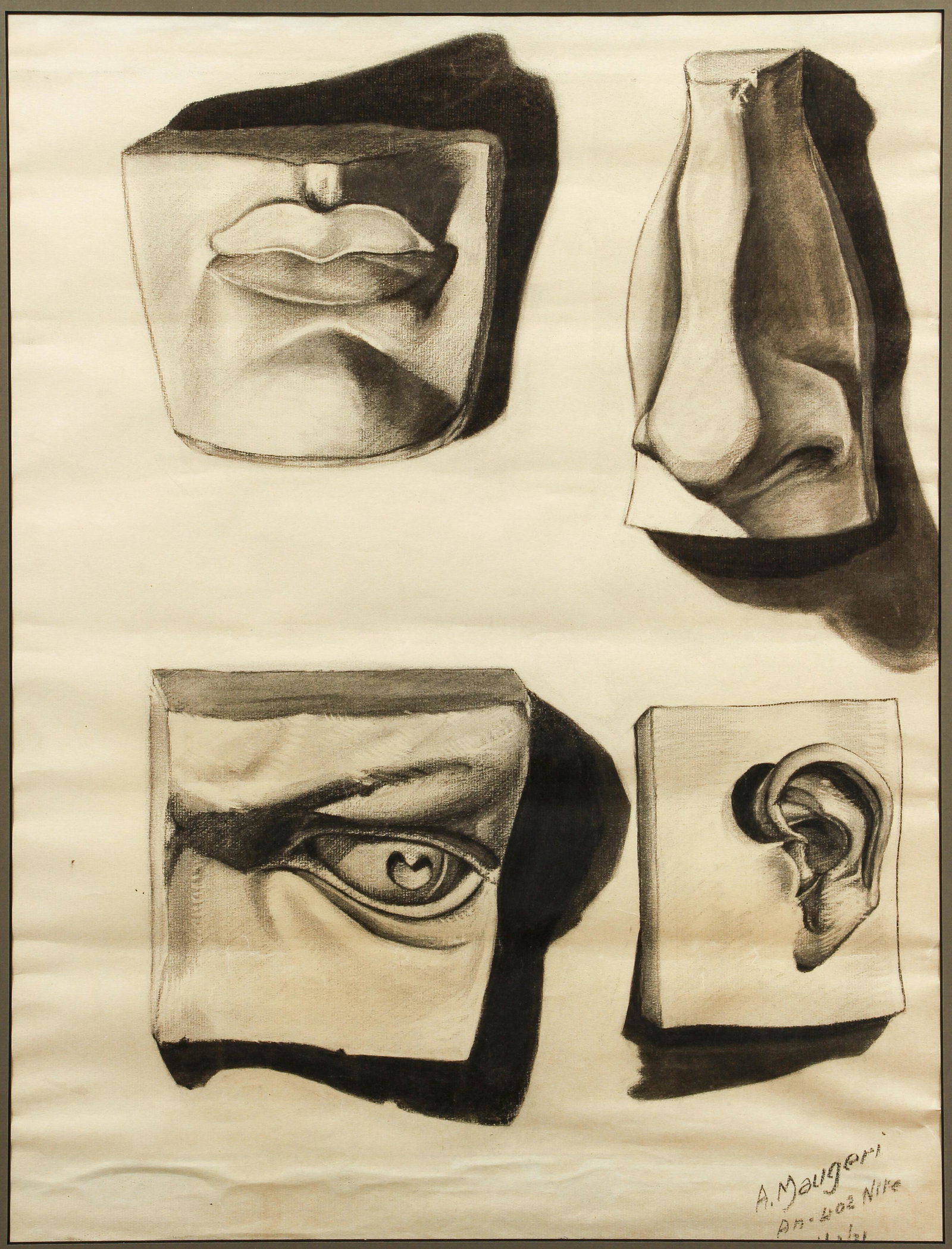 August Maugeri mid century figure sketches Pittsburgh: Maugeri, August W. (American/Pittsburgh, 20th century), Figure Sketches: Lips, Nose, Eye, Ear, 1951, charcoal on paper, signed and dated lower right, matted and framed 27 x 21.75 inches.