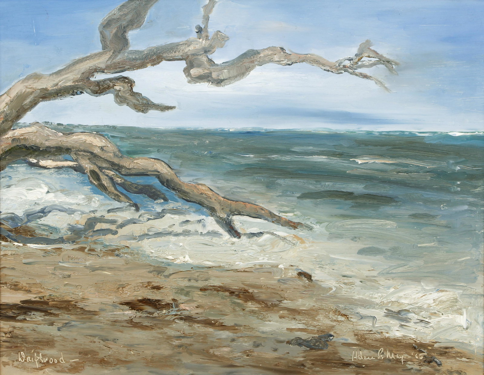 1965 Seascape Driftwood by May: May, (20th Century American), Driftwood, oil on wood panel, 14 x 18, signed indistinctly, titled, and dated, framed measuring 20 x 24 inches, Provenance: The Estate of Charles H. Booth Jr.