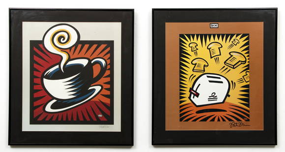 Pair of signed Burton Morris prints Coffee and Toaster: Morris, Burton (American/Pittsburgh, contemporary), pair of prints: Coffee Cup and Toaster, c.2000, both signed lower right, framed 24 x 22 inches.