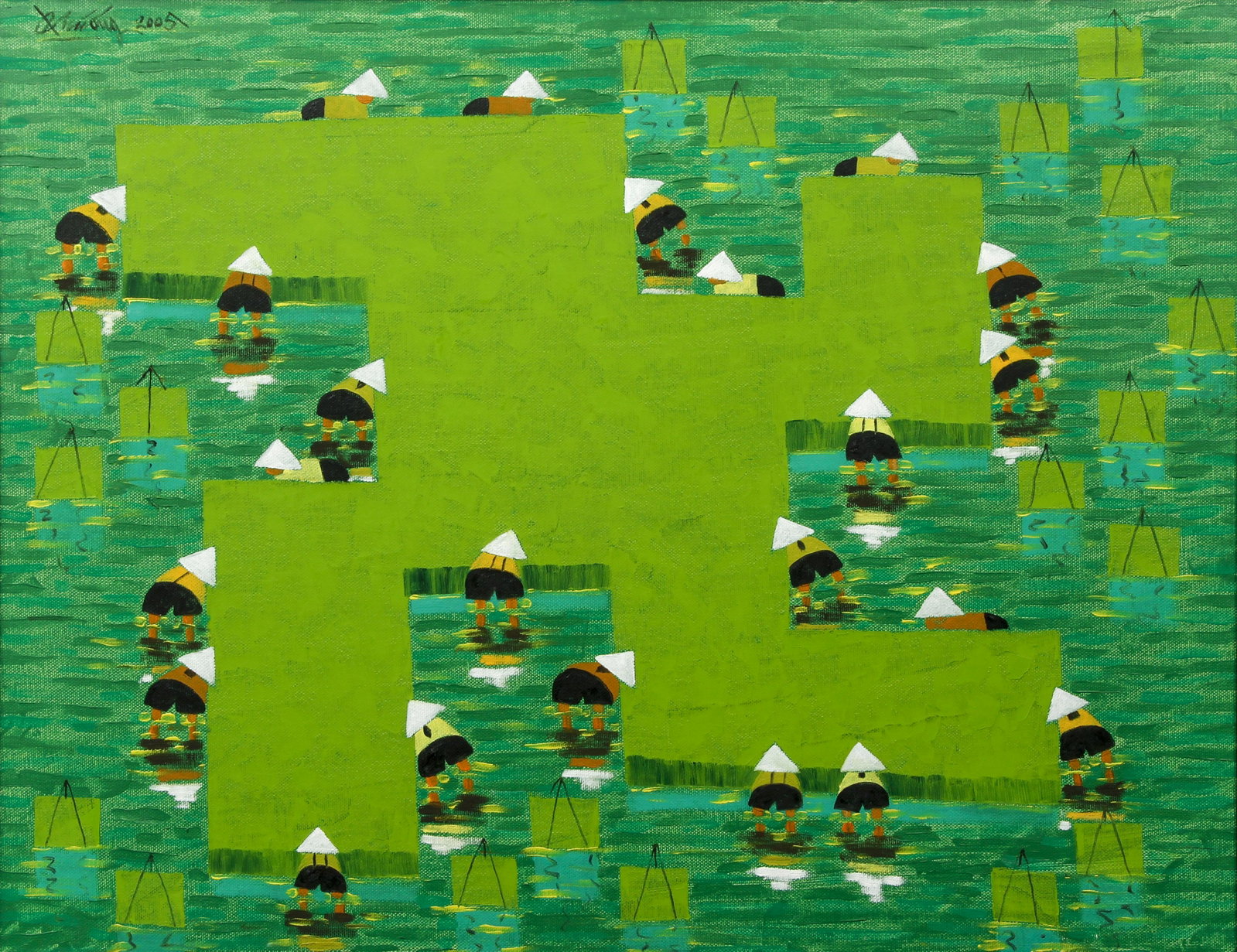 Quach Dong Phuong Untitled Rice Farming ptg: Phuong, Quach Dong (Vietnamese, b. 1961), Untitled (Rice Farming), 2005, oil on canvas, 26.75 x 34.5 inches, framed in a black wood frame measuring 28.5 x 36.5 inches