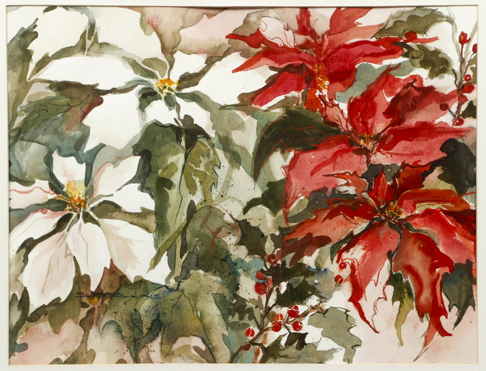 Susan Pollins Watercolor Happy Holidays 1995: Pollins, Susan (American/Greensburg, PA, contemporary), Happy Holidays, 1995, watercolor on rag paper, signed lower left and again signed and titled on reverse, 14 x 18 inches, matted and framed 20 x 