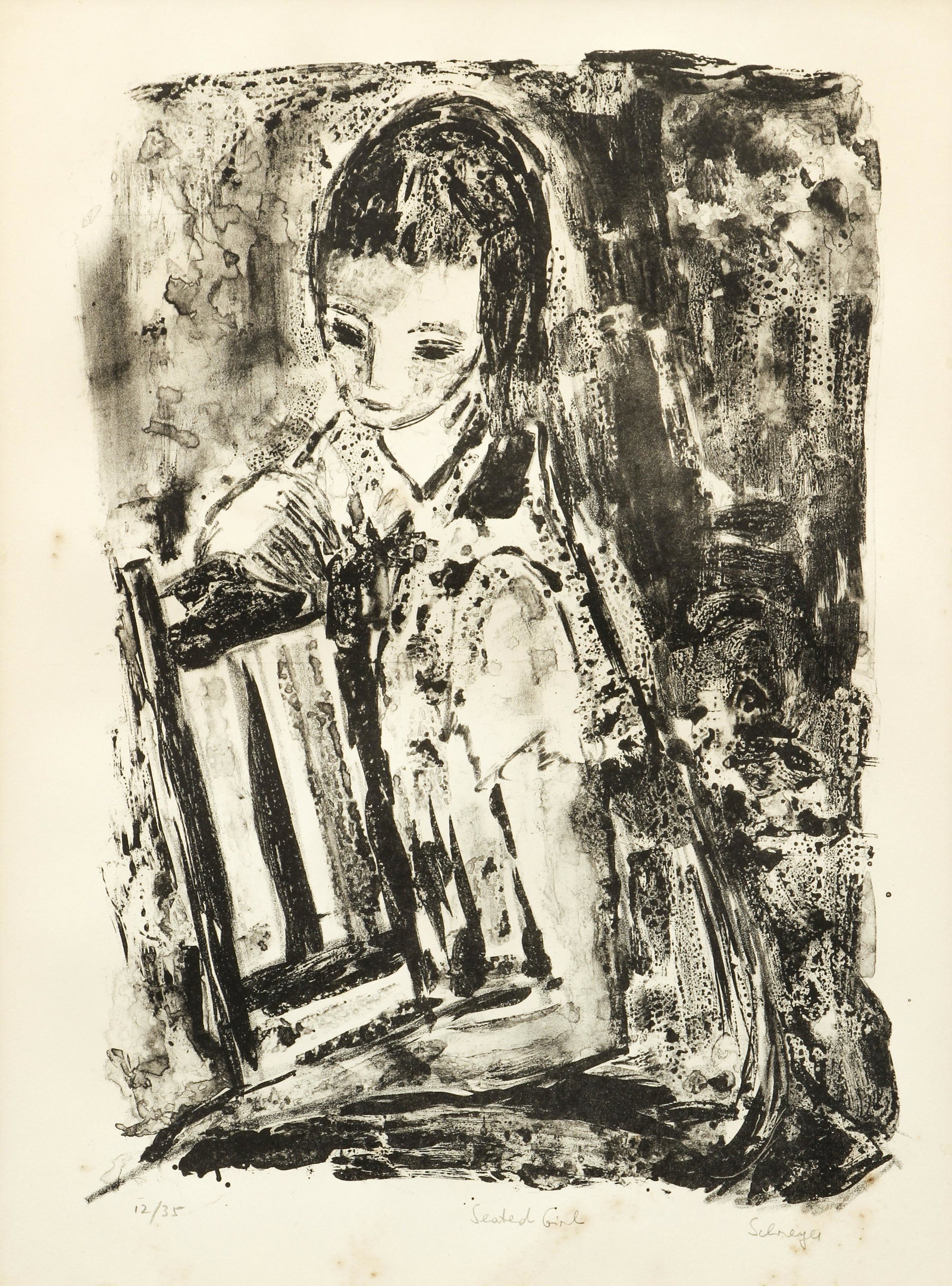 Greta Loebl Schreyer Seated Girl Signed Lithograph: Schreyer, Greta Loebl (Austrian/American, 1917-2005), Seated Girl, undated, lithograph on paper, signed, titled and numbered 12/35 in pencil at bottom, image 13 x 9 inches, in an ornate frame 25 x 20 