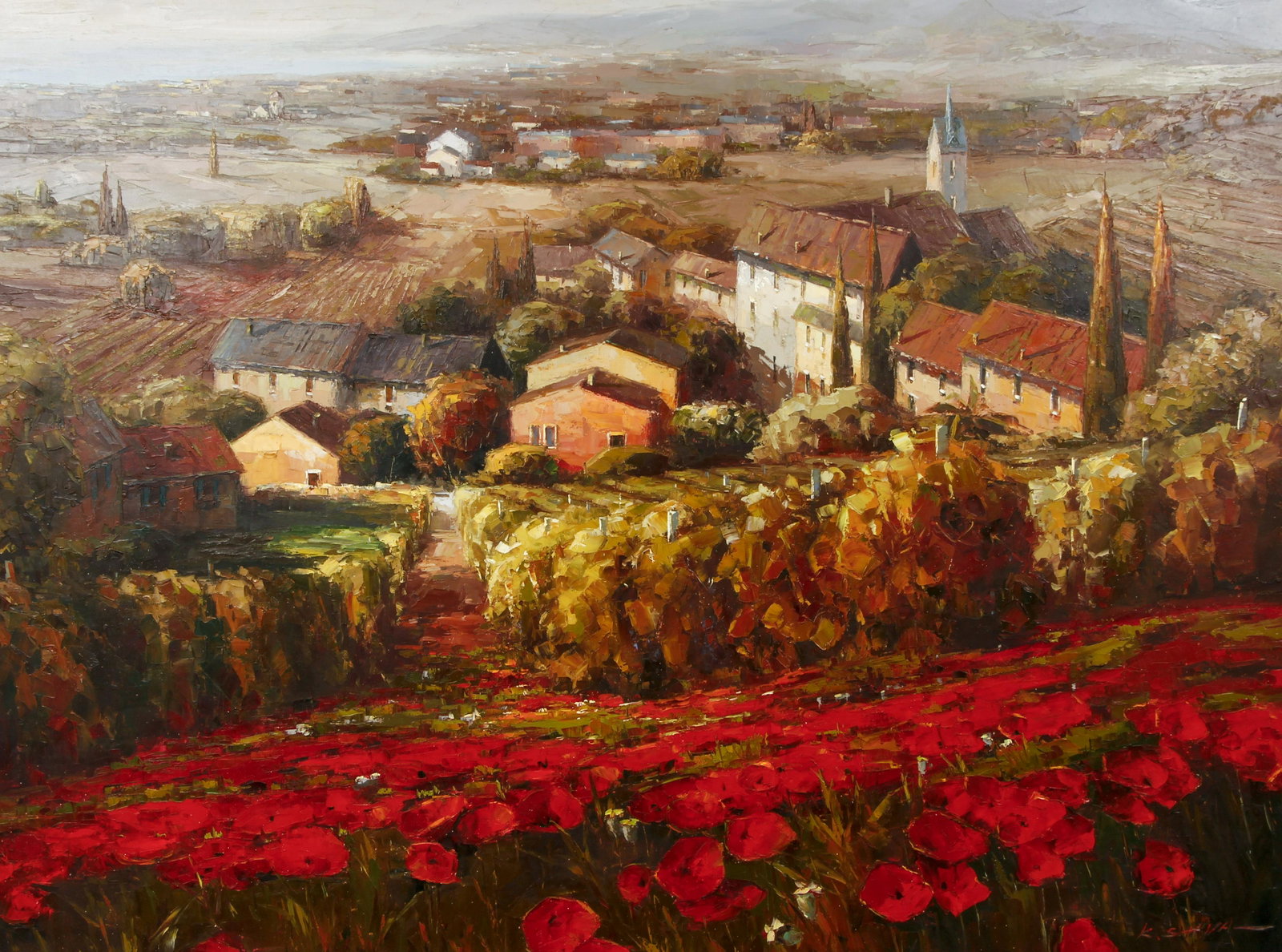 K. Shava oil painting Tuscan Village: Shava, K. (Kai Lim, Chinese, born 1974), Tuscan Village, oil on canvas, 35 x 47 inches, signed lower right, K. Shava (birth name Kai Lim) born in 1974 in the Shan Dong Province of China. Exhibited gre