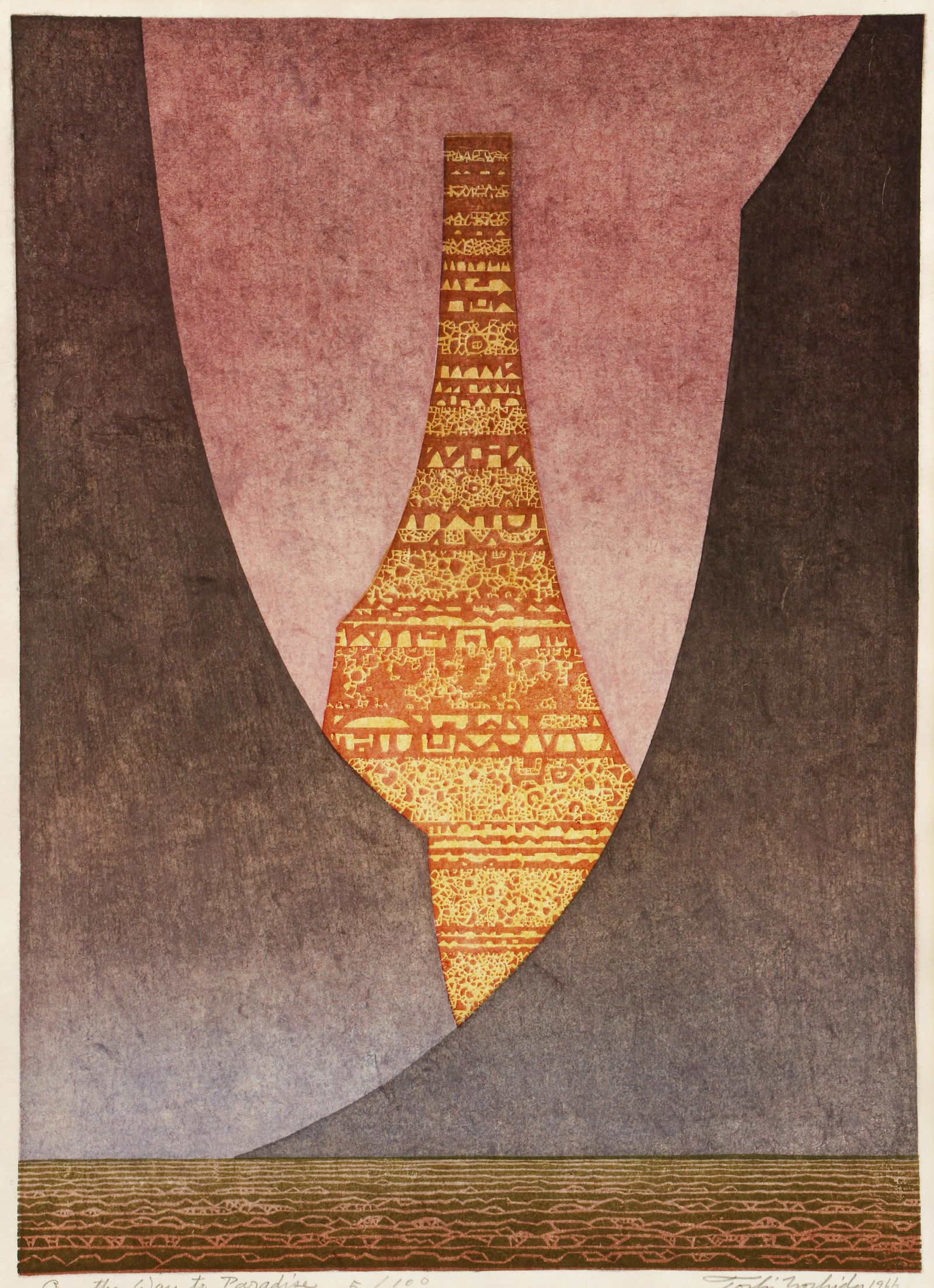 Toshi Yoshida On the Way to Paradise Color Woodblock: Yoshida, Toshi (Japanese, 1911-1995), On the Way to Paradise, 1966, color woodcut on paper, signed, dated, titled and numbered 5/100 in pencil at bottom, image 19.5 x 14 inches, full sheet 21.75 x 16