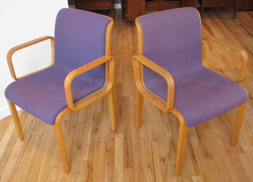 Pair of Purple William Stephens for Knoll Chairs: Artist: Stephens, William for Knoll Title: Pair of William Stephens for Knoll Chairs with purple fabric upholstery Medium: purple upholstery, bent wood Dimensions: 31.75 x 23.2 x 22.5 inches Signa