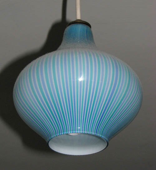 Round Venini Striped Glass Hanging Light: Artist: Venini Title: Blue and Purple Striped Glass hanging fixture Medium: blown glass Dimensions: 10 x 9 x 9 inches Provenance: Veneto Internationale, Chevy Chase, Md. 1978; James J. White Col