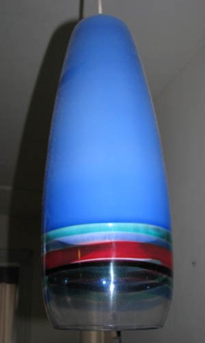 Tall Cylindrical Venini Glass Light Fixture #4039: Artist: Venini, possibly designed by Fulvio Bianconi or Massimo Vignelli model #4039 Title: Purple, Red, Blue and Green striped tall hanging fixture Medium: blown glass Dimensions: 20 x 8 x 8 inch