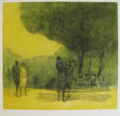 Harold Altman orig etching Park with Six Figures: Artist: Altman, Harold (American 1924-2003) Title: Park with Six Figures Medium: color etching and aquatint Dimensions: 17.5 x 19.75 inches Edition Number: 106/185 Signature: pencil sig