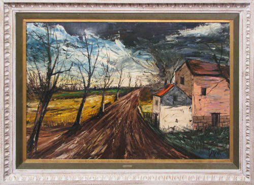 Charles Levier orig oil "Landscape with Farm House: Artist: Levier, Charles (Corsican/American 1920-2004) Title: Road with Farm Houses Date: n.d. Medium: oil on board Dimensions: 30 x 44 inches Description: A 1950's School of Paris Lands