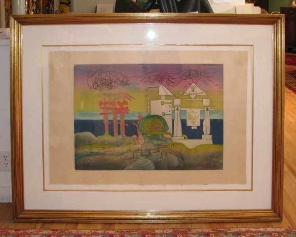 Roberto Matta orig aquatint and Etching Surrealist: Artist: Matta, Roberto (Chilean 1912-2002) Title: L'Arc Obscure des Heures V Date: 1975 Medium: etching and aquatint printed in colors on hand made paper Dimensions: 20 x 28 inches, sheet size 25