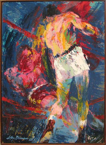 LeRoy Neiman painting "Boxing Scene": Artist: Neiman, LeRoy (American, born 1921) Title: Boxing Scene, One Boxer knocking another Boxer through the Ropes, Possibly Muhammad Ali Date: 1968 Medium: oil on panel Dimensions: 47 x 34 inches