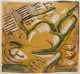 Markus Oehlen Untitled Reclining Figure in the Cit: Artist: Oehlen, Markus (German, born 1956) Title: Untitled Reclining Figure of a Woman in an Urban Setting Date: 1984 Medium: mixed media on tan paper Dimensions: 21.75 x 23.25 inches Descr