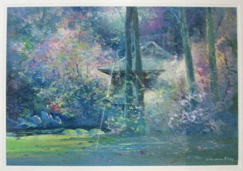 2 Wang, Yubao watercolors of Forest Shrines: Artist: Wang, Yubao (Chinese, born 1945) Title: Forest Shrines Date: 1980's Medium: watercolor and gouaches Dimensions: 18 x 24 inches Description: two light filled forest interiors wit