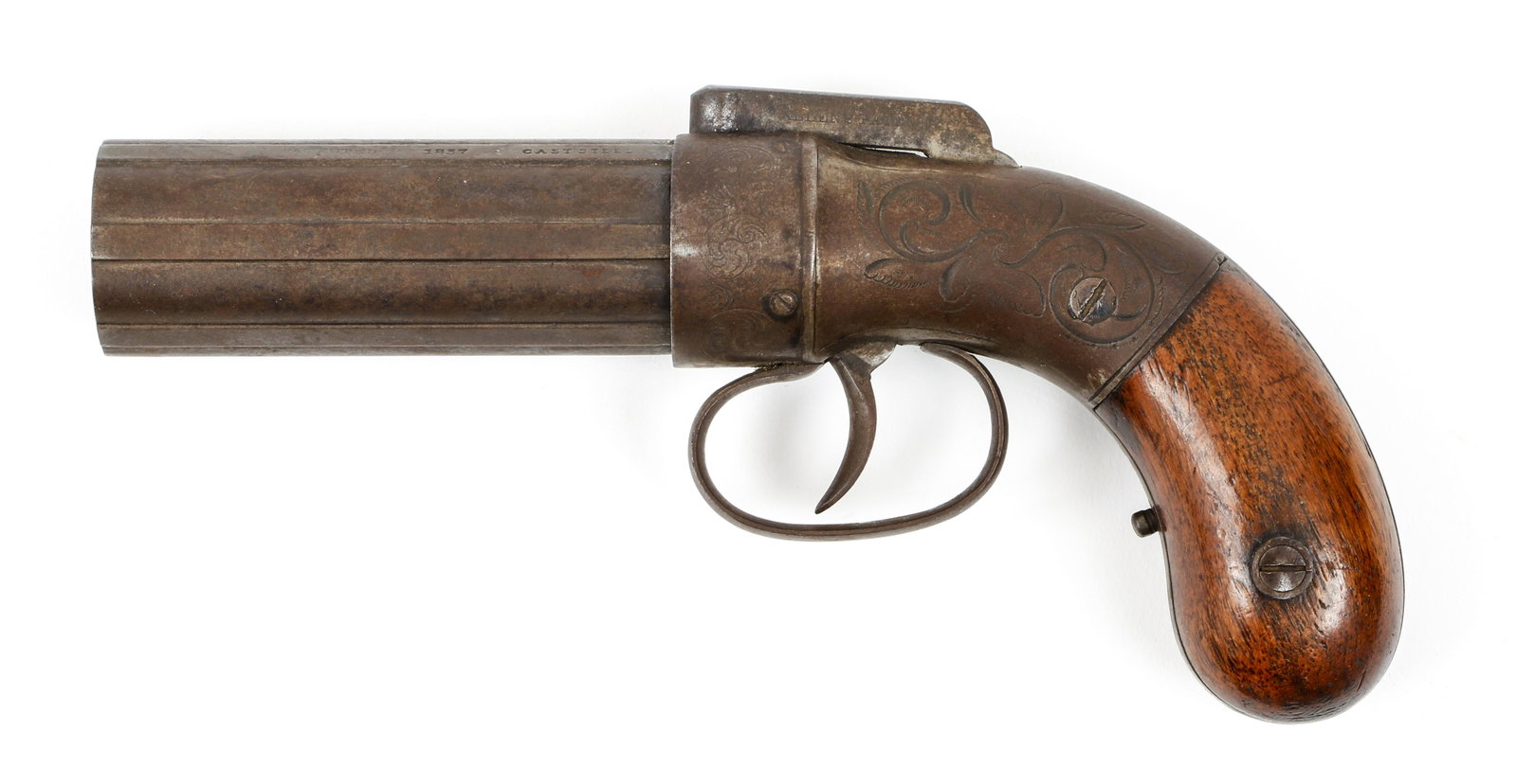 Allen's Patent 1857 6 shot Pepperbox pistol: 1857 Pepperbox Pistol 32 caliber 3.5 inch barrel cluster, bar hammer double action bag shaped walnut grip.