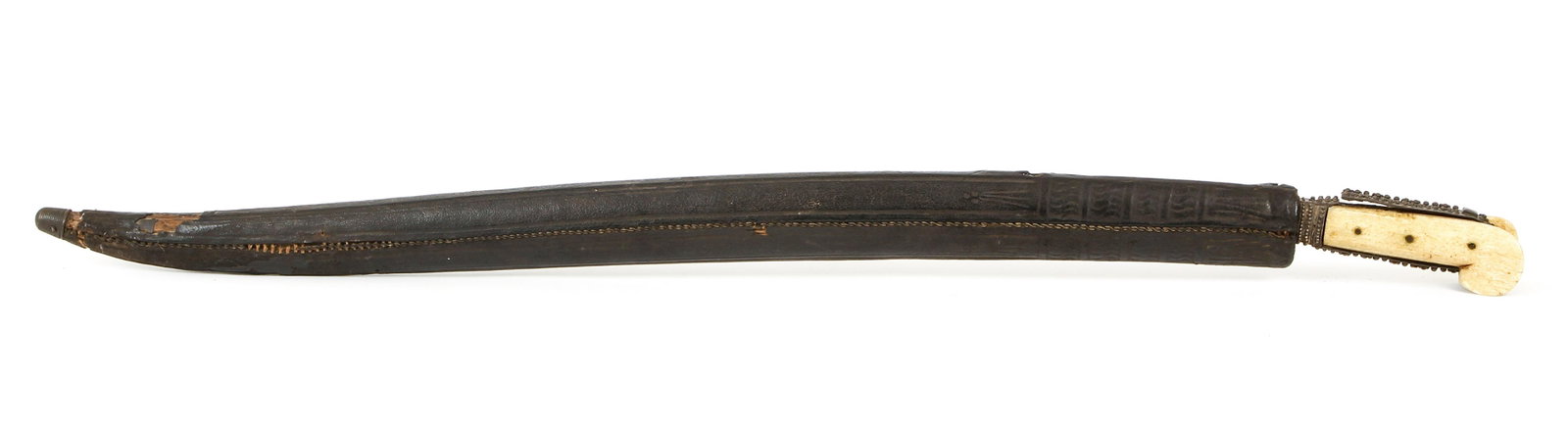 Turkish-Balkan Yatagn Short Sword: Turkish-Balkan Yatagn Short Sword, 23 inch Yatagn blade with Arabic inscription and small panel engraving, Symbol of the Jannissaries carved bone grips with original leather covered wood scabbard, Pro